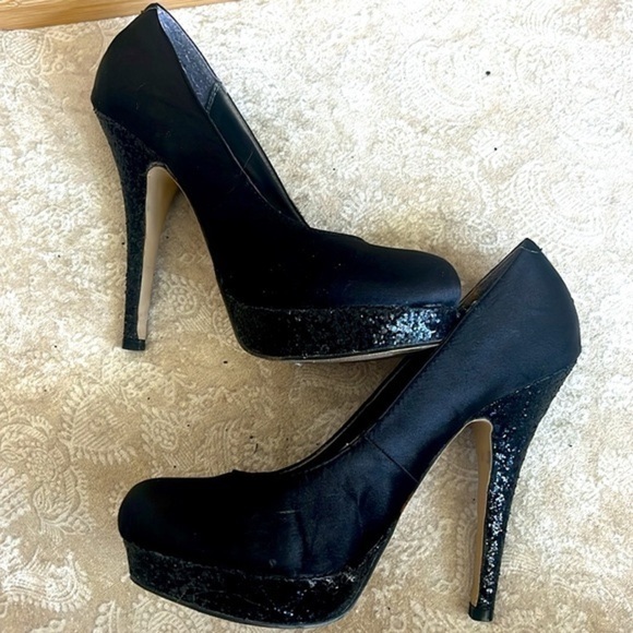 Steve Madden Black 5" High Heels Platform Pumps Satin Black Glitter Sexy Formal - Picture 12 of 16